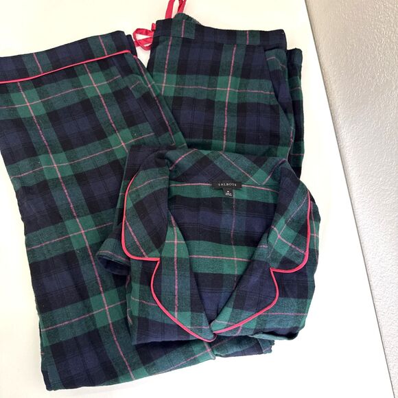 Talbots Other - Talbots Green & Navy Plaid Pajama Set with Pink Piping